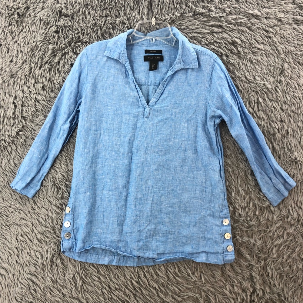 Tahari Shirt Womens Small 100 Percent Linen Vneck Blue Lagenlook Button Sides
